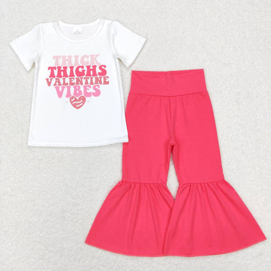 GSPO1128 Valentine Pink Thick Love Girls Short Sleeve Bell Bottom Pants Outfits