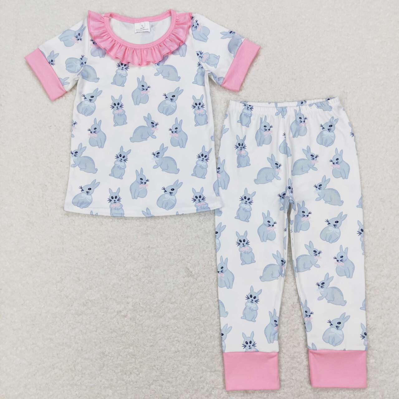 GSPO1095  Pink Easter Rabbit Girls Short Sleeve Bell Bottom Pants Outfits pajamas