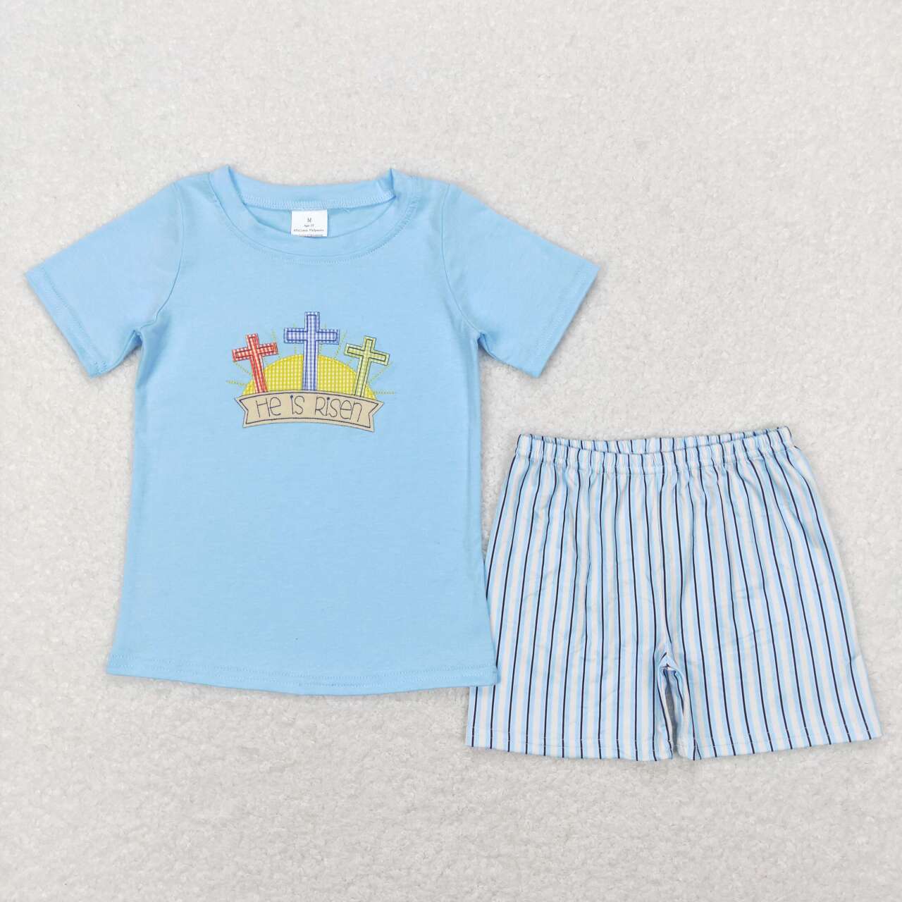 BSSO0356 Easter Cross Blue Embroidery Boys Short Sleeve Shorts Outfits