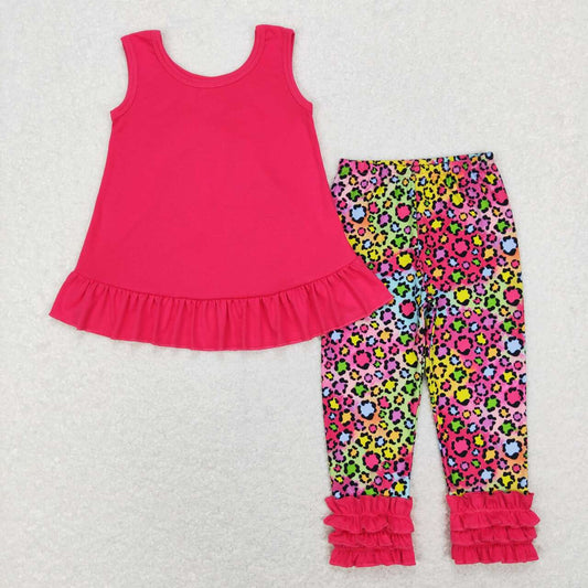 GSPO1097 Pink Leopard Bow Girls Sleeveless Bell Bottom Pants Outfits