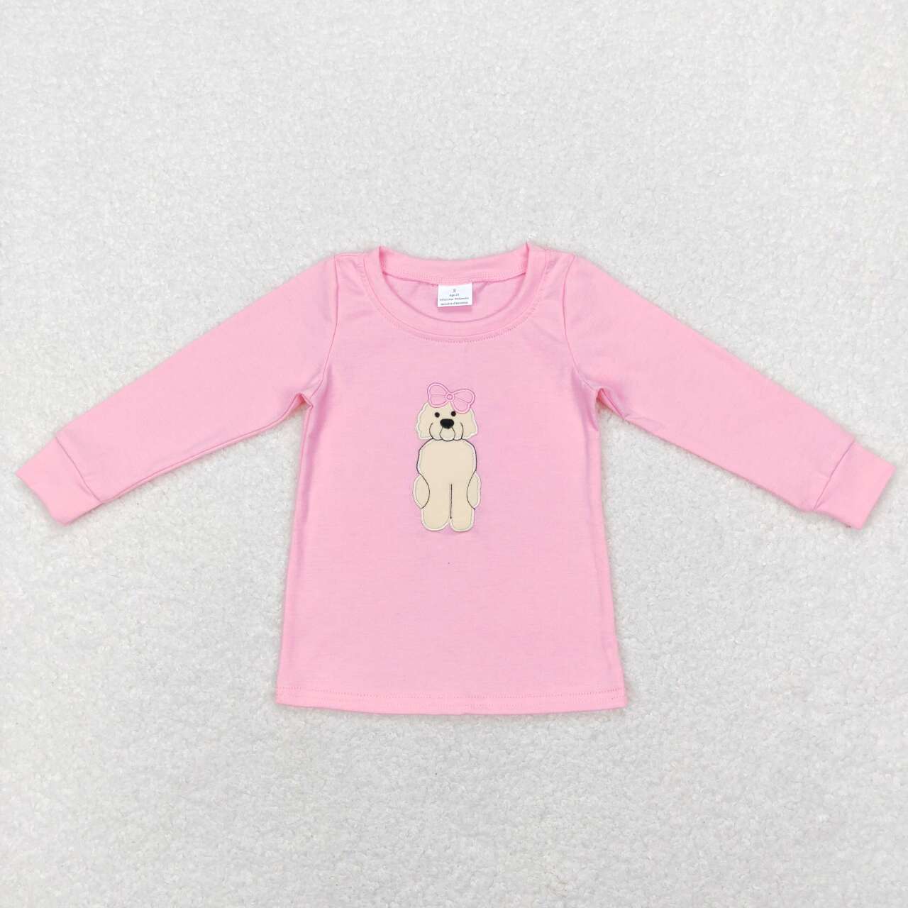 GT0408 Pink Dog  Embroidery Girls Long Sleeve Top T-shirts