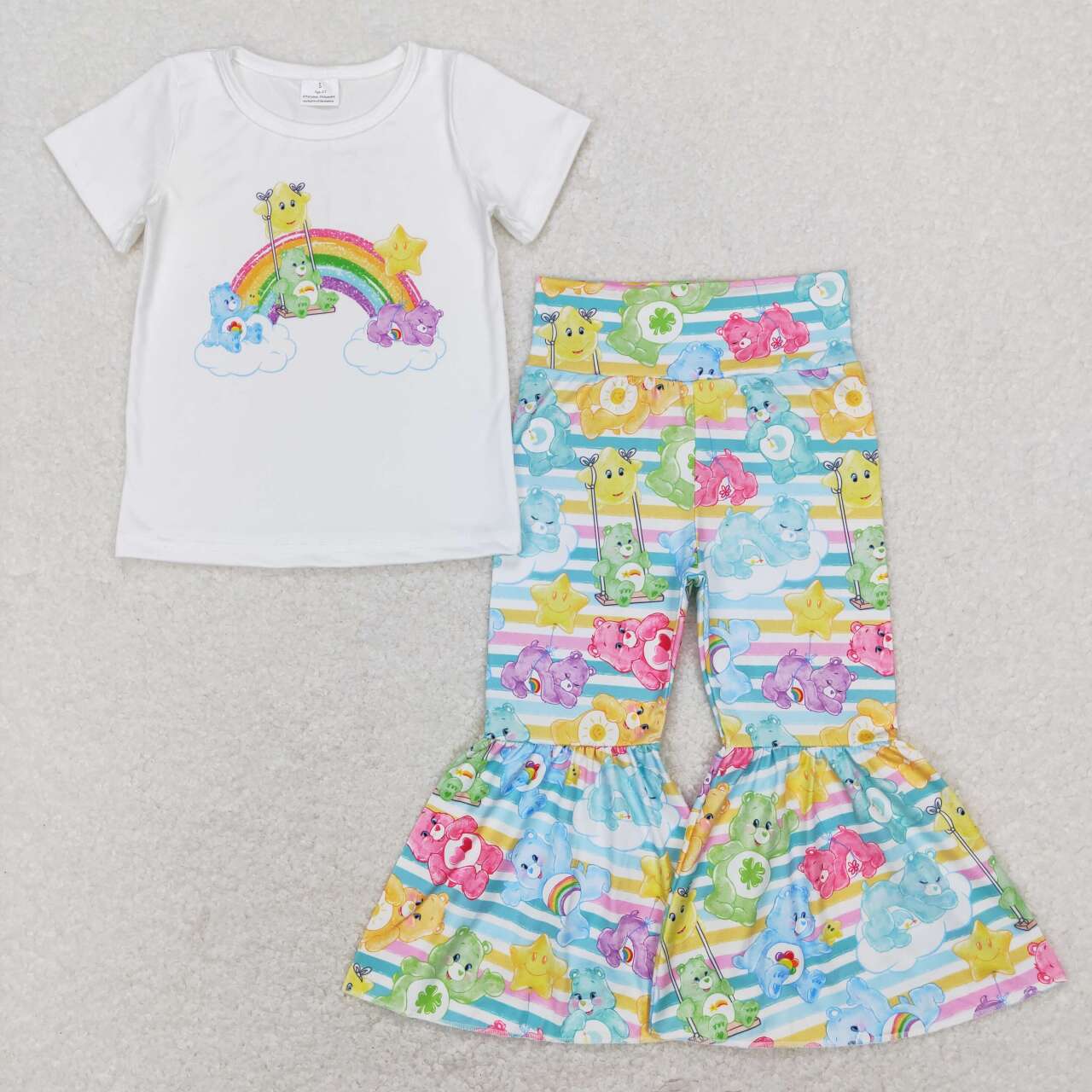 GSPO1189 Rainbow Bear Blue  Girls Short Sleeve Pants Outfits