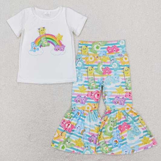 GSPO1189 Rainbow Bear Blue  Girls Short Sleeve Pants Outfits