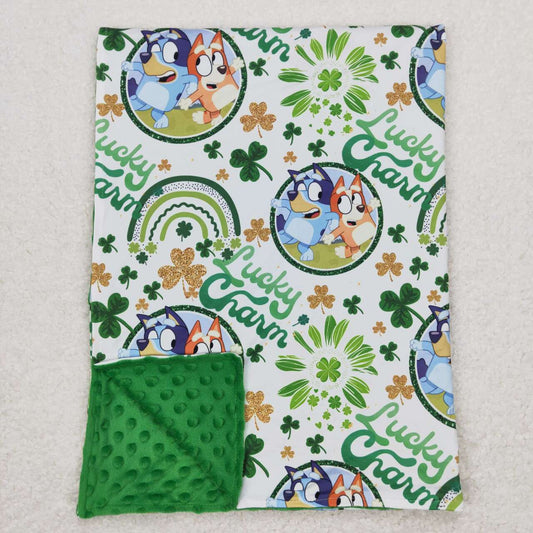 BL0105 St. Patrick Clover Green Blue Dog Cartoon Print Blanket