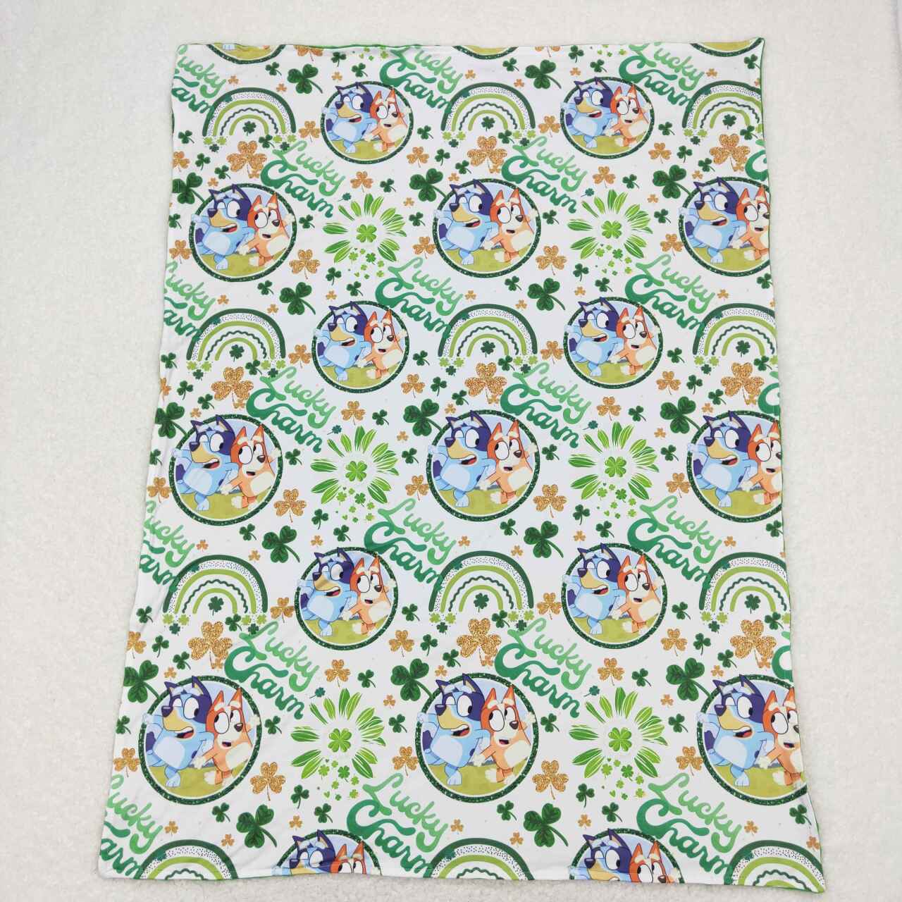 BL0105 St. Patrick Clover Green Blue Dog Cartoon Print Blanket