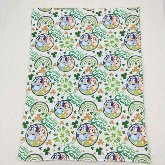 BL0105 St. Patrick Clover Green Blue Dog Cartoon Print Blanket