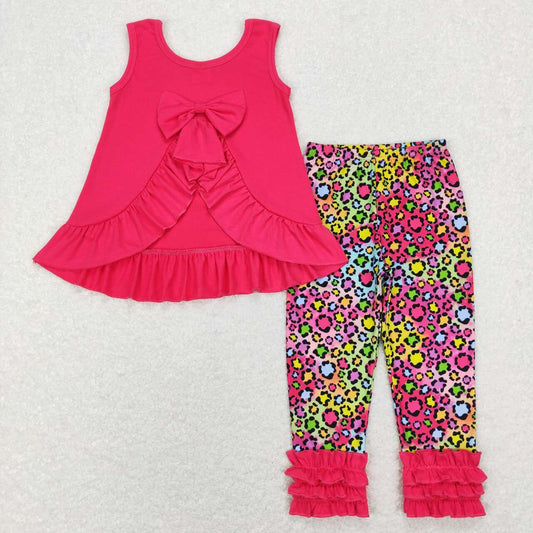 GSPO1097 Pink Leopard Bow Girls Sleeveless Bell Bottom Pants Outfits