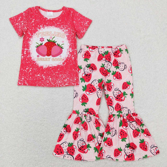 GSPO0906 Feeling berry good Pink strawberry Girls Short Sleeve Bell Bottom Pants Outfits