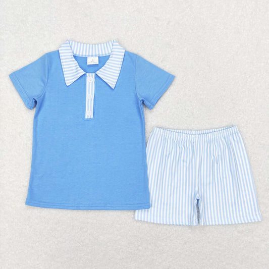 BSSO0402 Blue Plaid Boys Short Sleeve Shorts Outfits