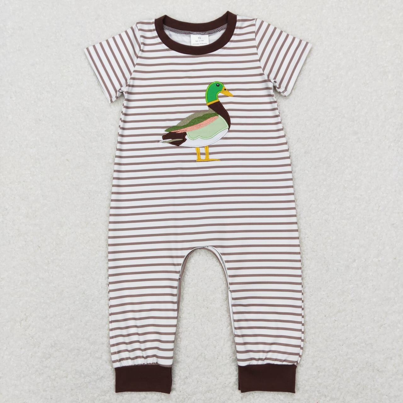 SR0517 Green Brown Duck  Embroidery  Girls Short Sleeve Romper