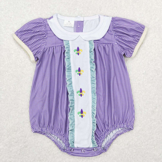 SR0471 Mardi Gras Purple  Embroidery  Girls Short Sleeve Romper