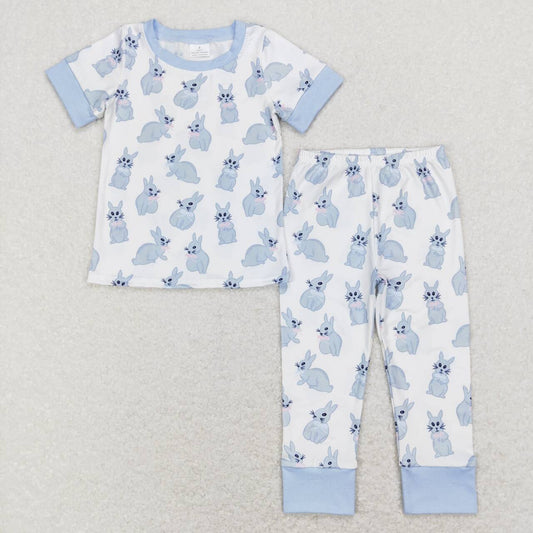 BSPO0237  Easter Rabbit Blue Boys Short Sleeve Bell Bottom Pants Outfits Pajamas