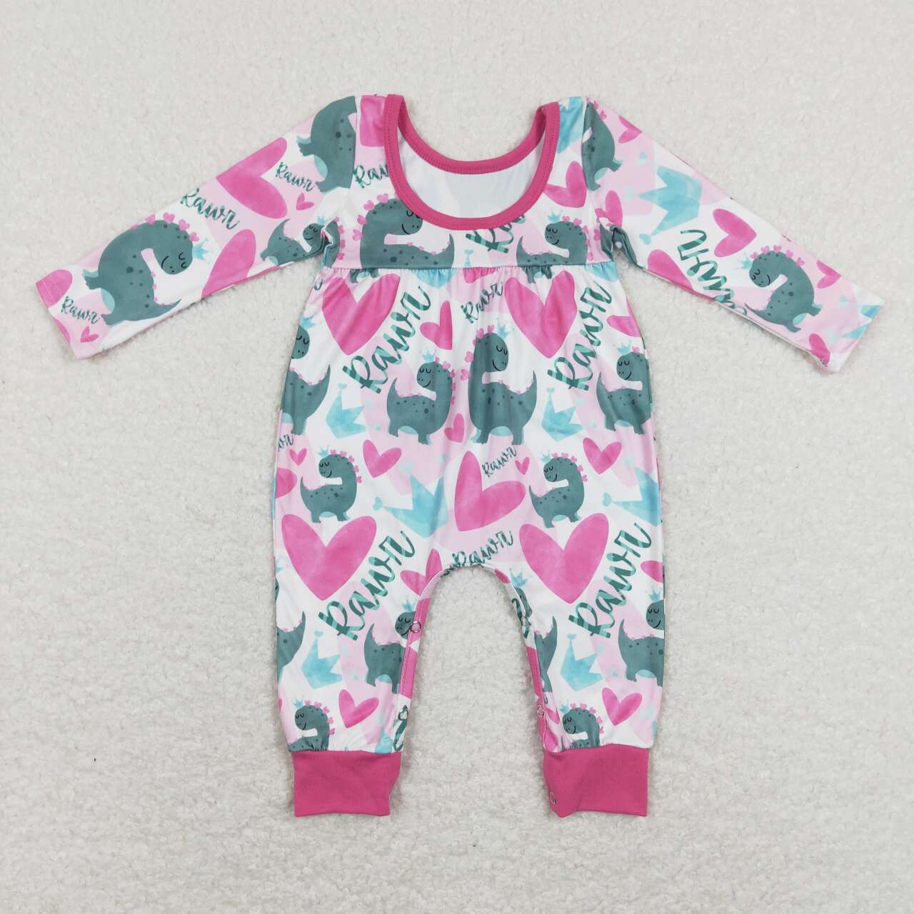 LR0877  Valentine Love Blue Pink Dinosaur Girls Long Sleeve Romper