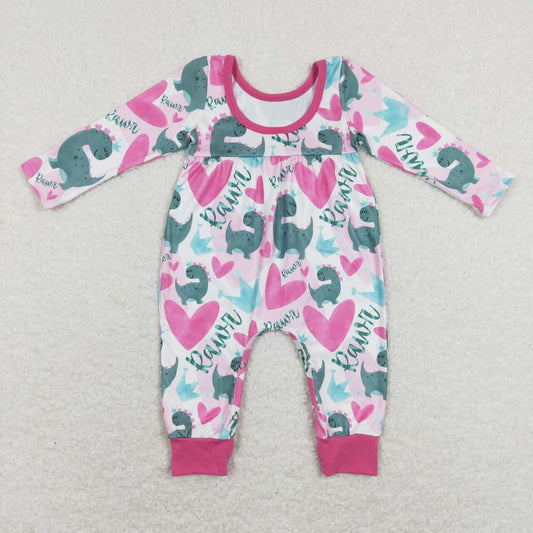 LR0877  Valentine Love Blue Pink Dinosaur Girls Long Sleeve Romper