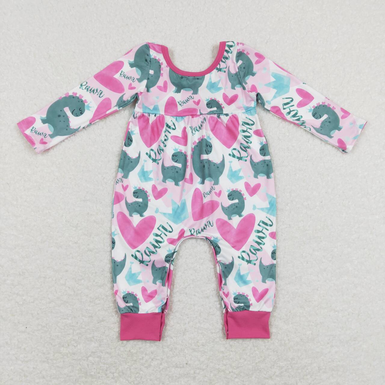 LR0877  Valentine Love Blue Pink Dinosaur Girls Long Sleeve Romper