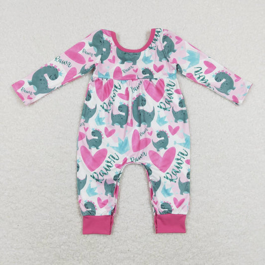 LR0877  Valentine Love Blue Pink Dinosaur Girls Long Sleeve Romper