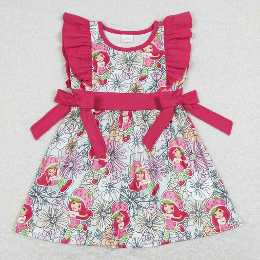 GSD0613 Pink Strawberry Cartoon Bow Girls Short Sleeve Dresses