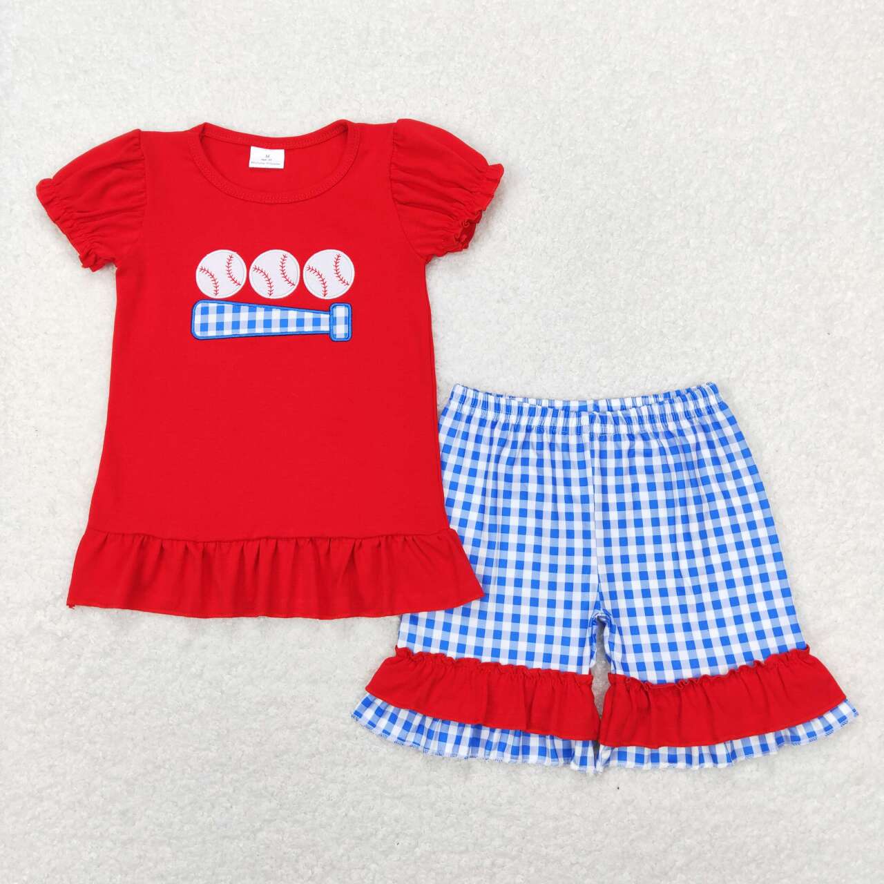 GSSO0428 Red Blue Softball Embroidery Girls Short Sleeve Shorts Outfits