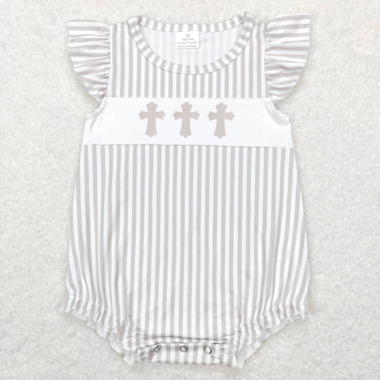 SR0617 Easter Cross Grey Girls Short Sleeve Romper