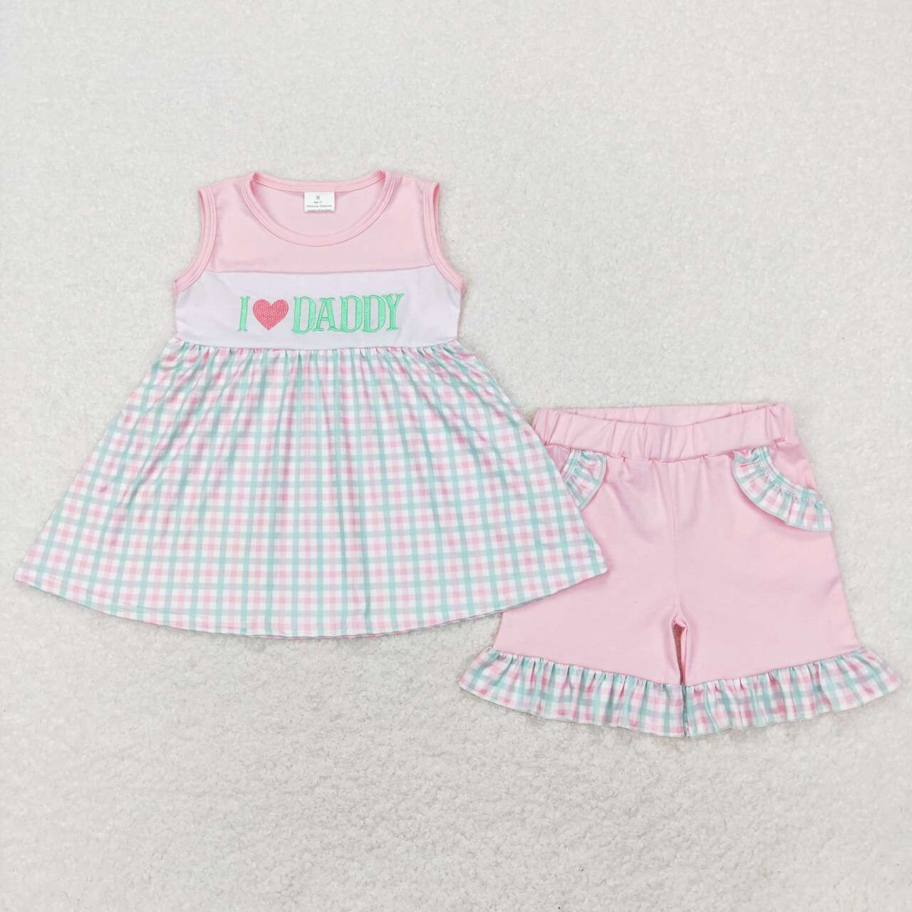 GSSO0441 Pink Green I Love Daddy Embroidery Girls Short Sleeve Shorts Outfits