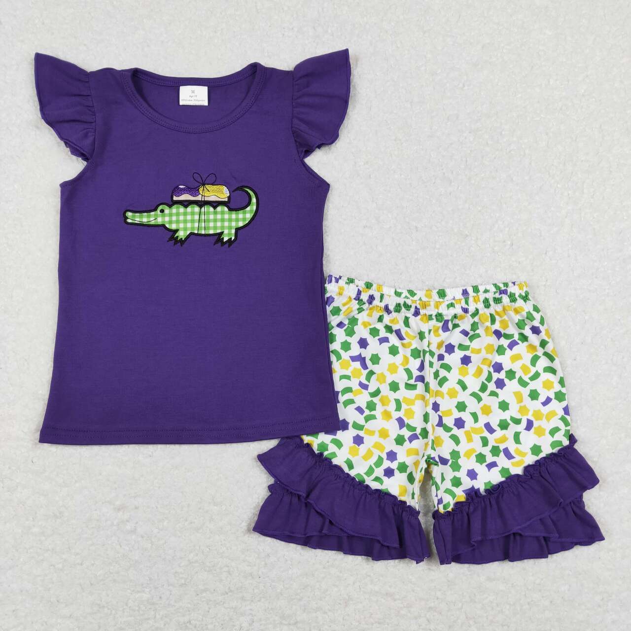 GSSO0444 Mardi Gras Purple Green Embroidery Girls Short Sleeve Shorts Outfits