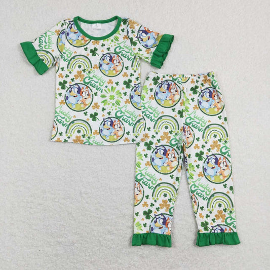 GSPO1112 St. Patrick  Green Lucky Clover Blue Dog Cartoon Girls Short Sleeve Bell Bottom Pants Outfits Pajamas