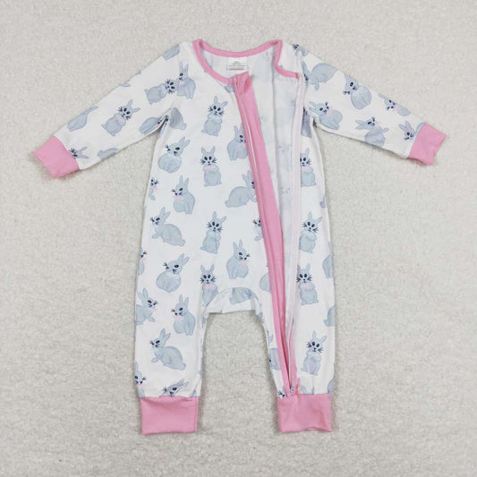 LR0836  Easter Rabbit Pink Zipper Girls Long Sleeve Romper