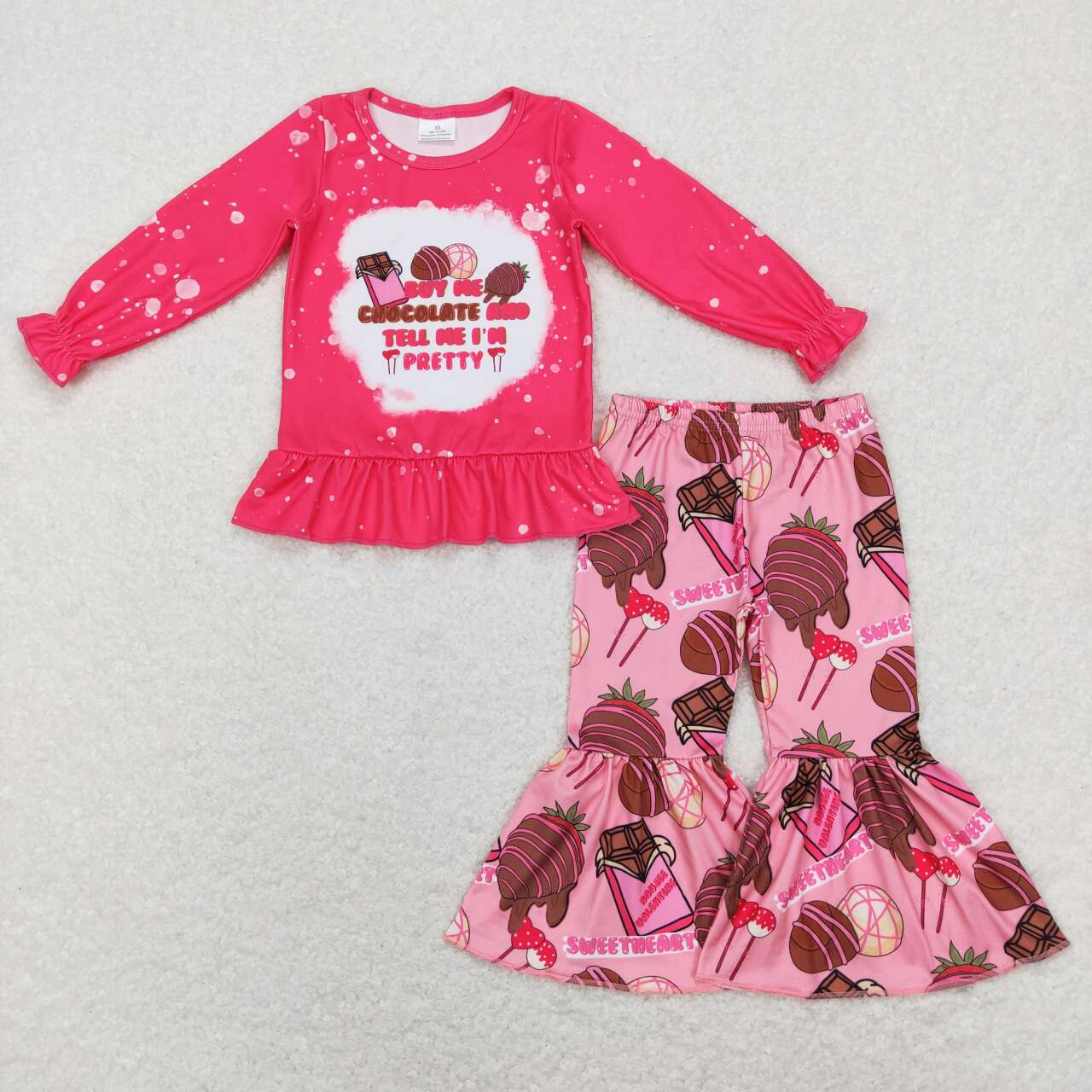 GLP1098 Valentine Love Pink Strawberry Chocolate Sweet  Girls Long Sleeve Bell Bottom Pants Outfits