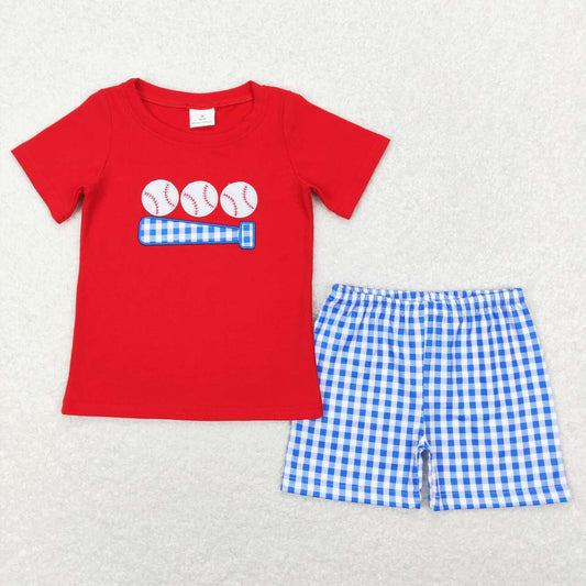 BSSO0388 Red Blue Softball Embroidery Boys Short Sleeve Shorts Outfits