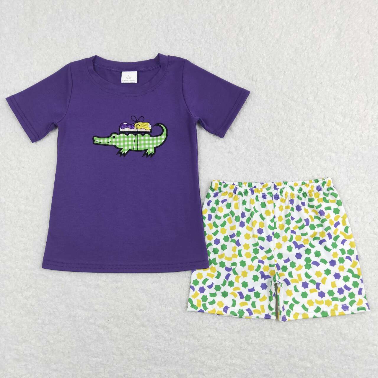 BSSO0410 Mardi Gras Purple Green Embroidery Boys Short Sleeve Shorts Outfits