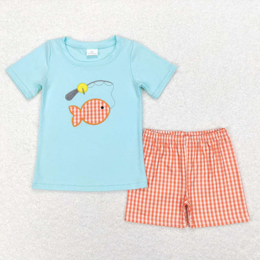 BSSO0288 Fish Blue Embroidery Boys Short Sleeve Shorts Outfits