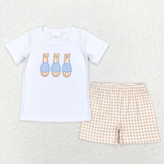 BSSO0383 Easter Rabbit Yellow Blue Embroidery Boys Short Sleeve Shorts Outfits