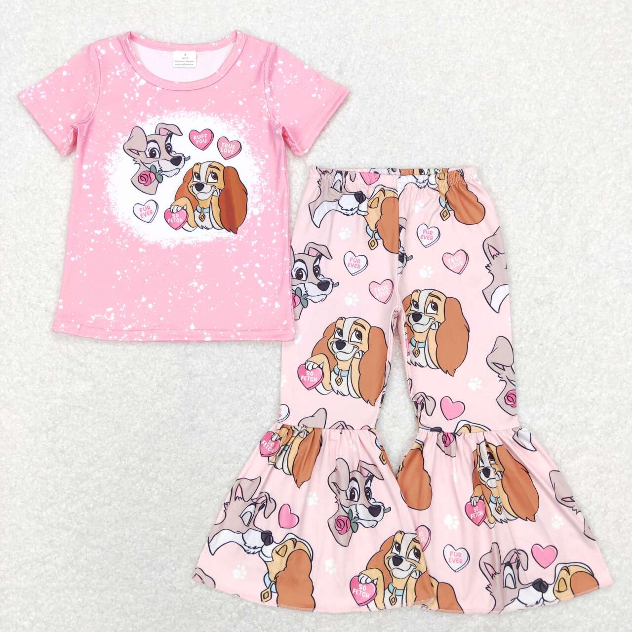 GSPO1233 Valentine Love Pink Dog Cartoon Girls Short Sleeve Bell Bottom Pants Outfits