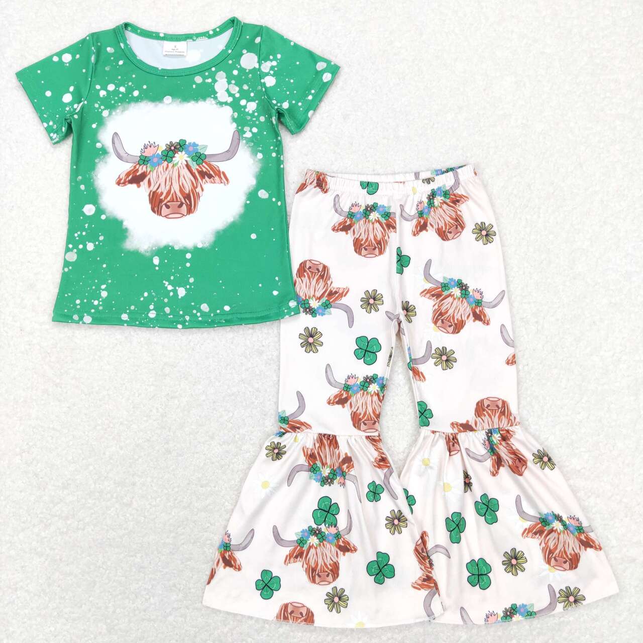 GSPO1180  St. Patrick  Green Lucky Clover Cow Girls Short Sleeve Bell Bottom Pants Outfits