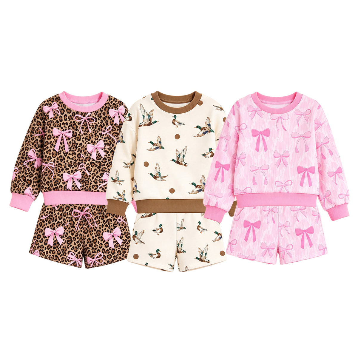 Preorder MOQ 5 pcs Each Style Mallard Ducks Bows Leopard Kids Matching Clothes