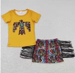 GSD0287 Bird Leopard Tassel Western Yellow Girls Short Sleeve Shorts Outfits