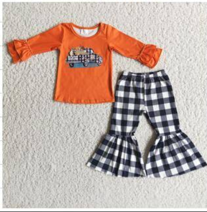 Clearance 6 A8-29 Halloween Pumpkin Orange Plaid Car Girls Long Sleeve Pants Outfits