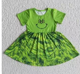 E3-3 Christmas Green  Cartoon  Girls Flutter Sleeve Dresses