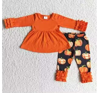 Clearance 6 A21-12 Halloween Pumpkin Orange Ruffles Tunic Girls Long Sleeve Pants Outfits