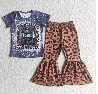 Clearance D5-20 Purple Bleach Leopard Girls Short Sleeve Pants Outfits