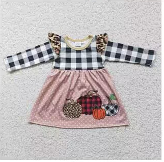 Clearance 6 A14-18 Halloween Pumpkin Pink Plaid Girls Long Sleeve Dresses