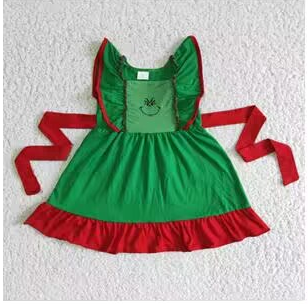 Clearance D4-4 Christmas Red Green Cartoon Belt Girls Short Sleeve Dresses