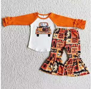 Clearance 6 A7-30 Halloween Pumpkin Orange Car Girls Long Sleeve Bell Bottom Pants Outfits