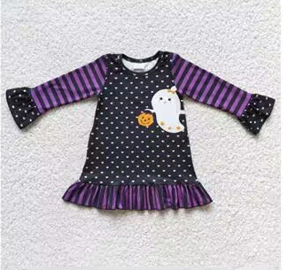 6 C6-22 Halloween Black Purple Pumpkin Ghost Cartoon Girls Flutter Sleeve Dresses