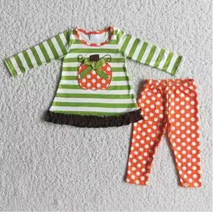 6 B4-3 Halloween Pumpkin Orange Stripes Green Girls Long Sleeve Pants Outfits