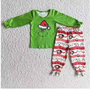 Clearance 6 A20-4 Christmas Red Green Santa Cartoon  Girls Long Sleeve Bell Bottom Pants Outfits