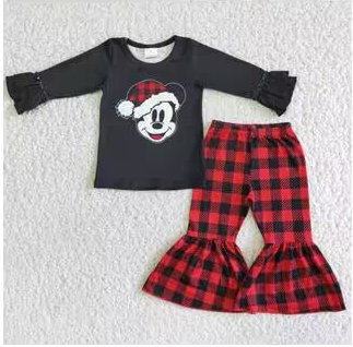 Clearance 6 A4-11 Christmas Santa Black Red Green Plaid Ruffles Girls Long Sleeve Bell Bottom Pants Outfits