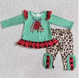 Clearance  6 B8-17 Christmas Green Red Cartoon TreeLeopard Girls Long Sleeve Pants Outfits