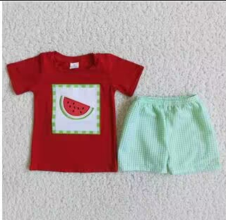 D5-11 Embroidery Watermelon Red Green Boys Short Sleeve Shorts Outfits