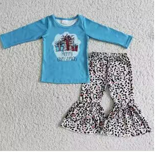 Clearance 6 B6-36 Christmas Tree Blue Leopard Girls Long Sleeve Pants Outfits